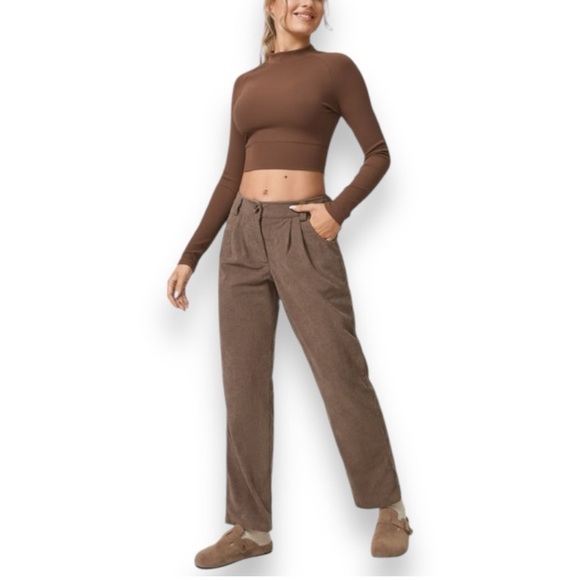 Halara Brown Ribbed Corduroy Look Pleated Straight Leg Pants Size L Minimalist - Picture 1 of 14